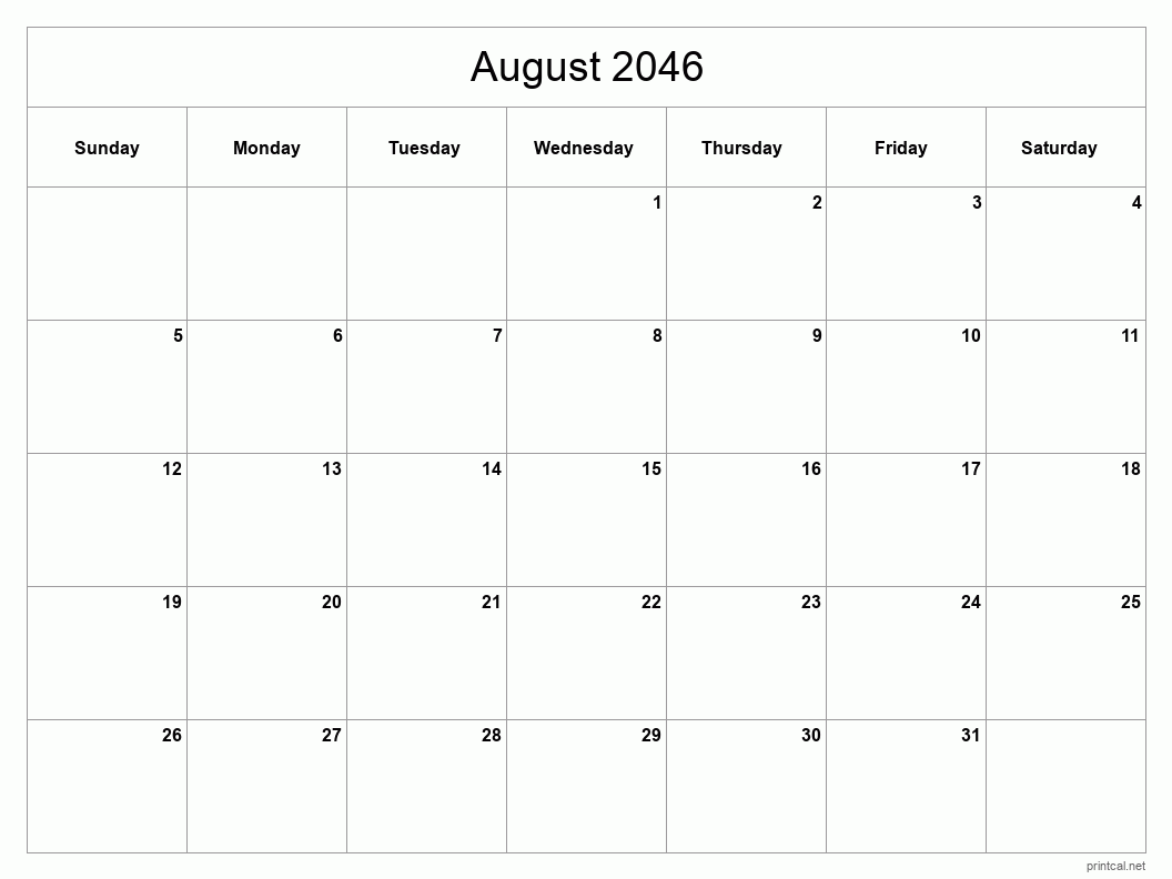 August 2046 Printable Calendar - Classic Blank Sheet