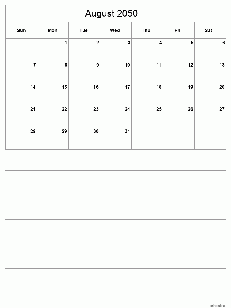 August 2050 Printable Calendar - Half-Page With Notesheet