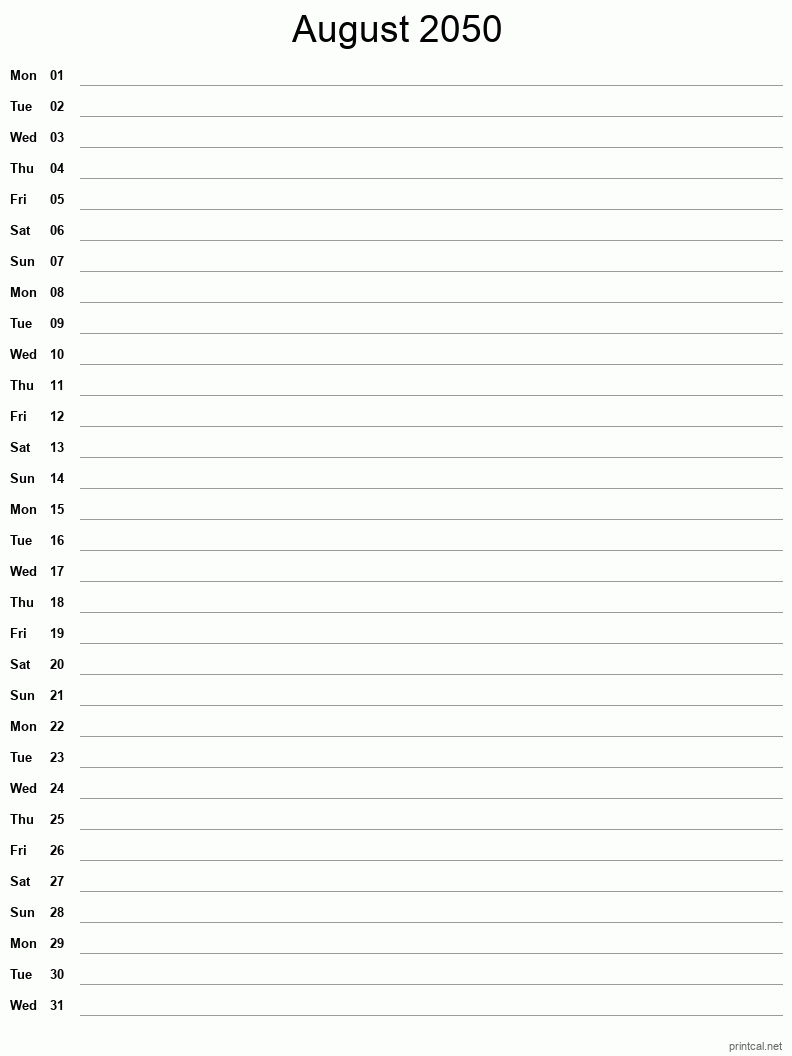 August 2050 Printable Calendar - Single Column Notesheet