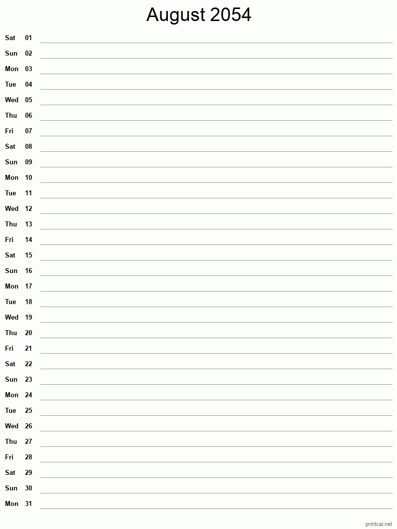 August 2054 Printable Calendar - Single Column Notesheet