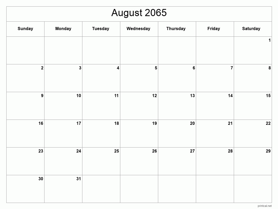 August 2065 Printable Calendar - Classic Blank Sheet