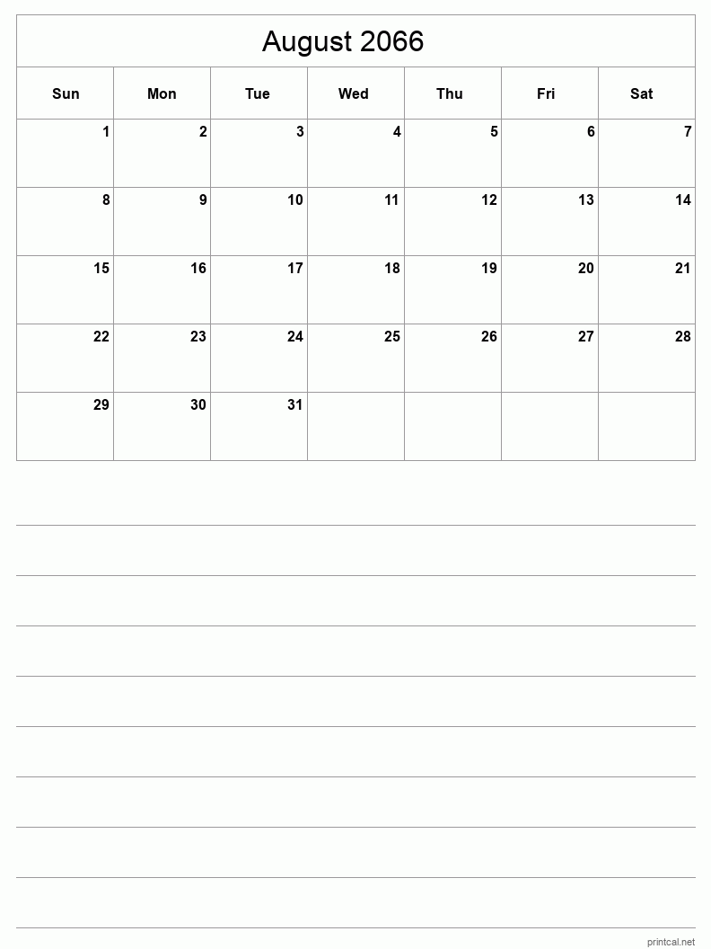 August 2066 Printable Calendar - Half-Page With Notesheet