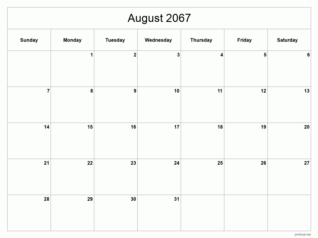 August 2067 Printable Calendar - Classic Blank Sheet