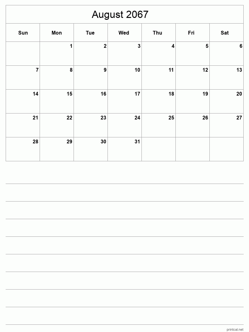 August 2067 Printable Calendar - Half-Page With Notesheet