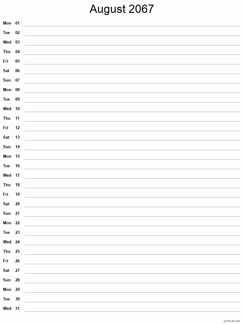 August 2067 Printable Calendar - Single Column Notesheet