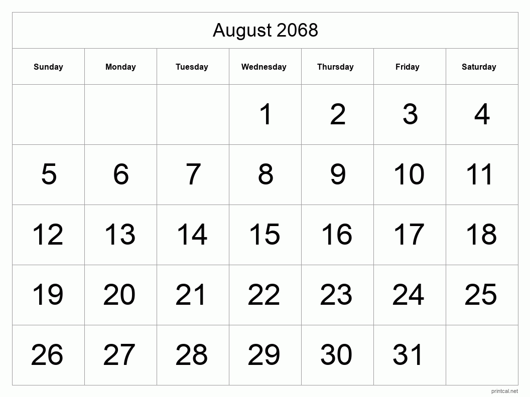 August 2068 Printable Calendar - Big Dates