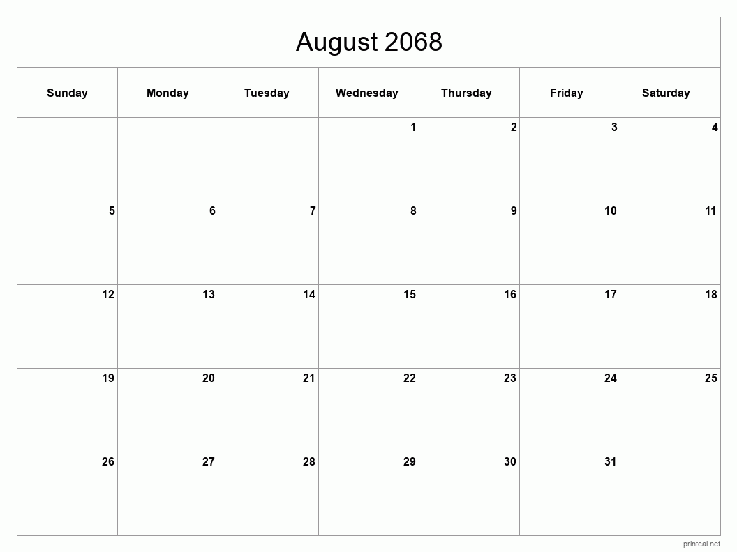 August 2068 Printable Calendar - Classic Blank Sheet