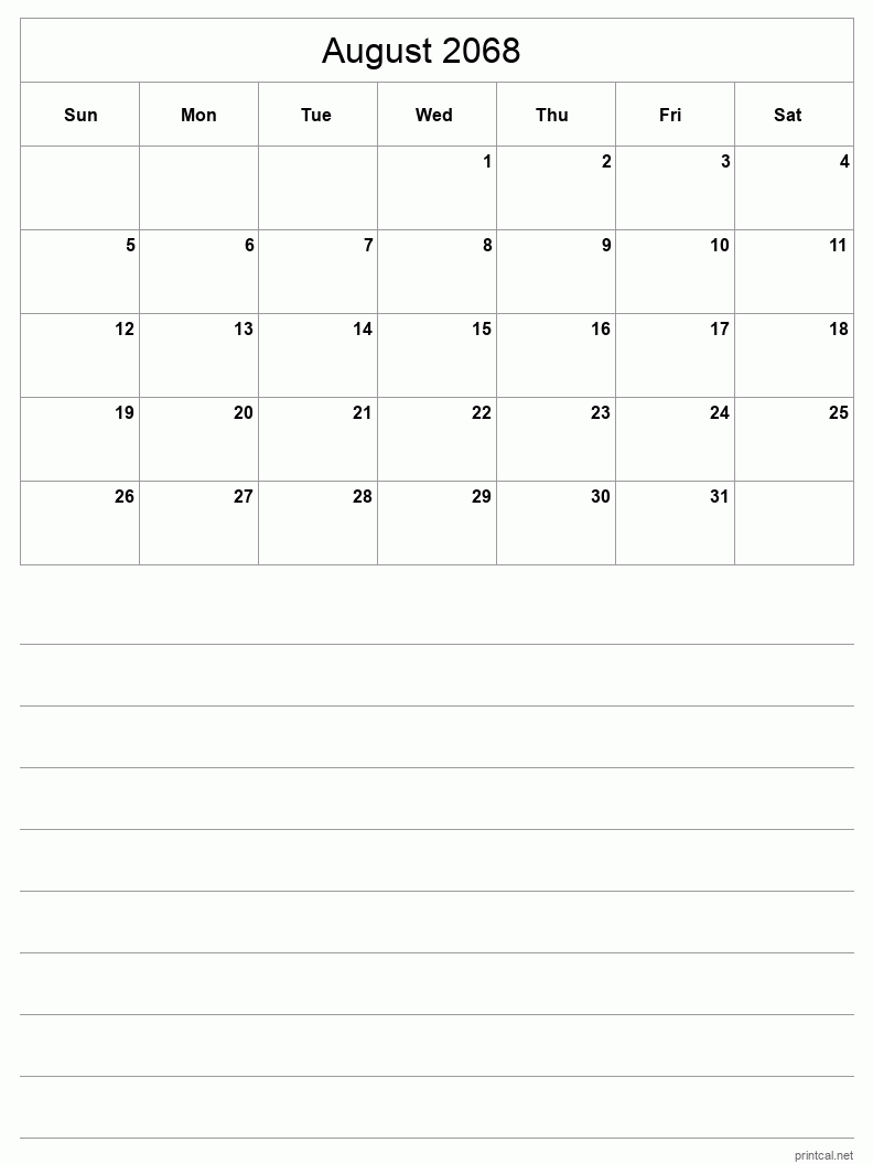 August 2068 Printable Calendar - Half-Page With Notesheet