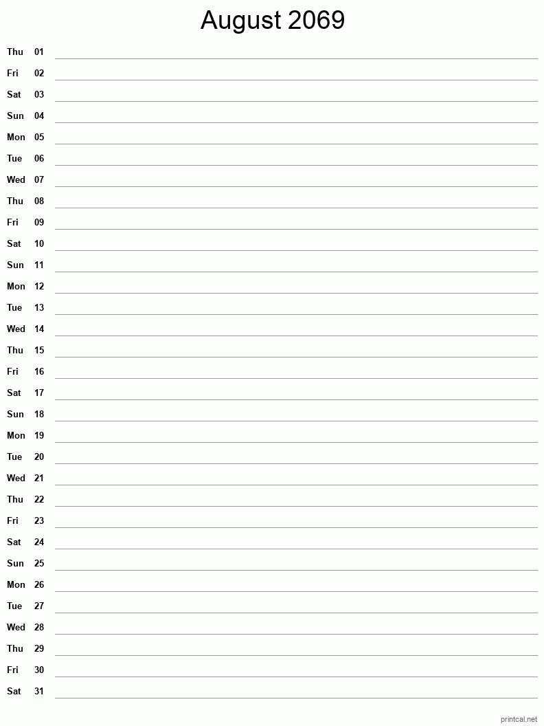 August 2069 Printable Calendar - Single Column Notesheet