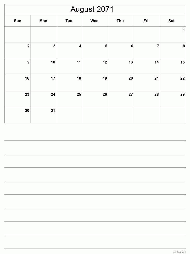 August 2071 Printable Calendar - Half-Page With Notesheet