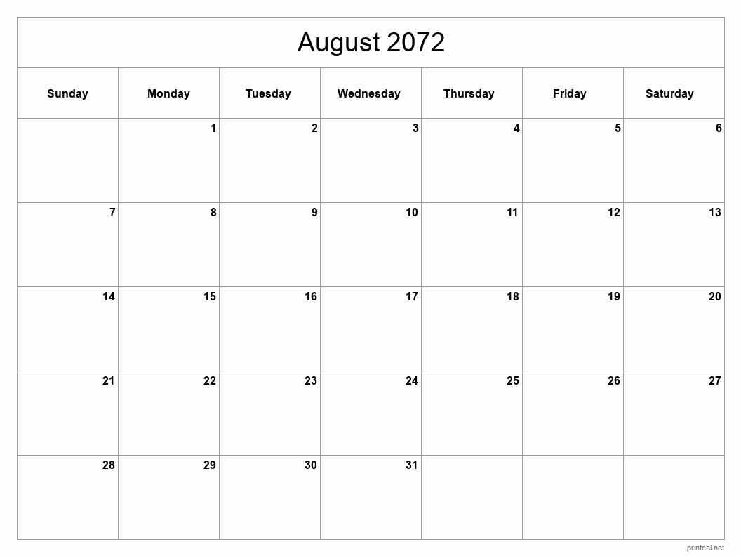 August 2072 Printable Calendar - Classic Blank Sheet