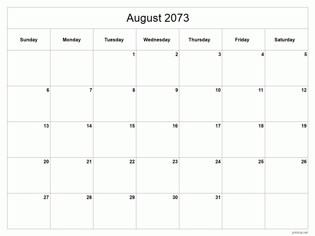 August 2073 Printable Calendar - Classic Blank Sheet