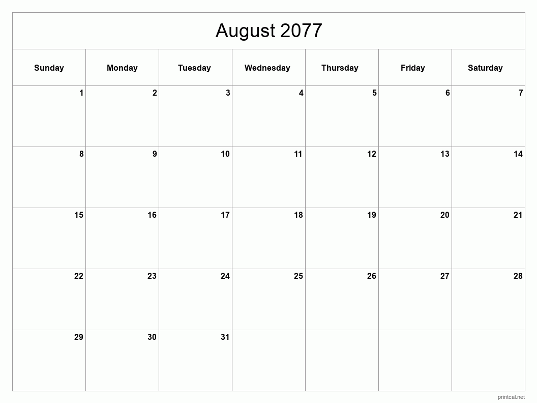 August 2077 Printable Calendar - Classic Blank Sheet