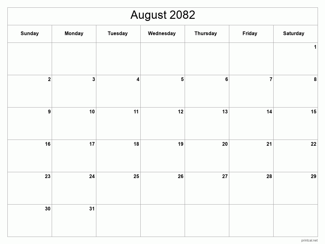 August 2082 Printable Calendar - Classic Blank Sheet