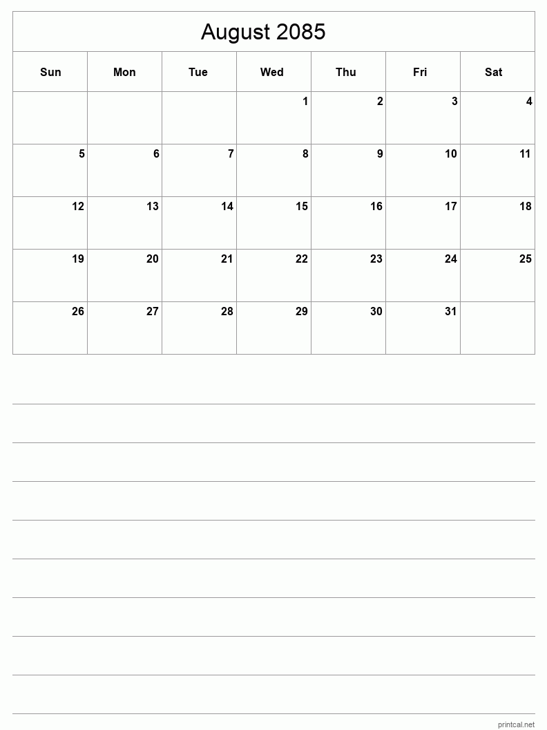 August 2085 Printable Calendar - Half-Page With Notesheet