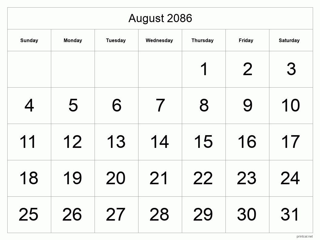 August 2086 Printable Calendar - Big Dates