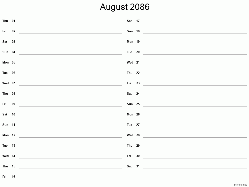 August 2086 Printable Calendar - Two Column Notesheet