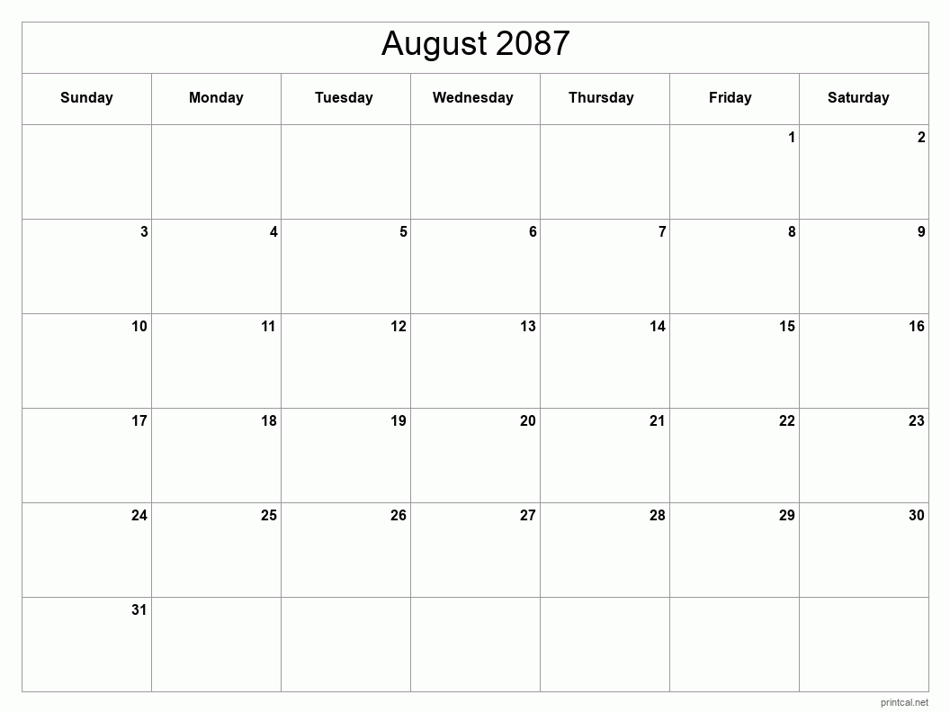 August 2087 Printable Calendar - Classic Blank Sheet