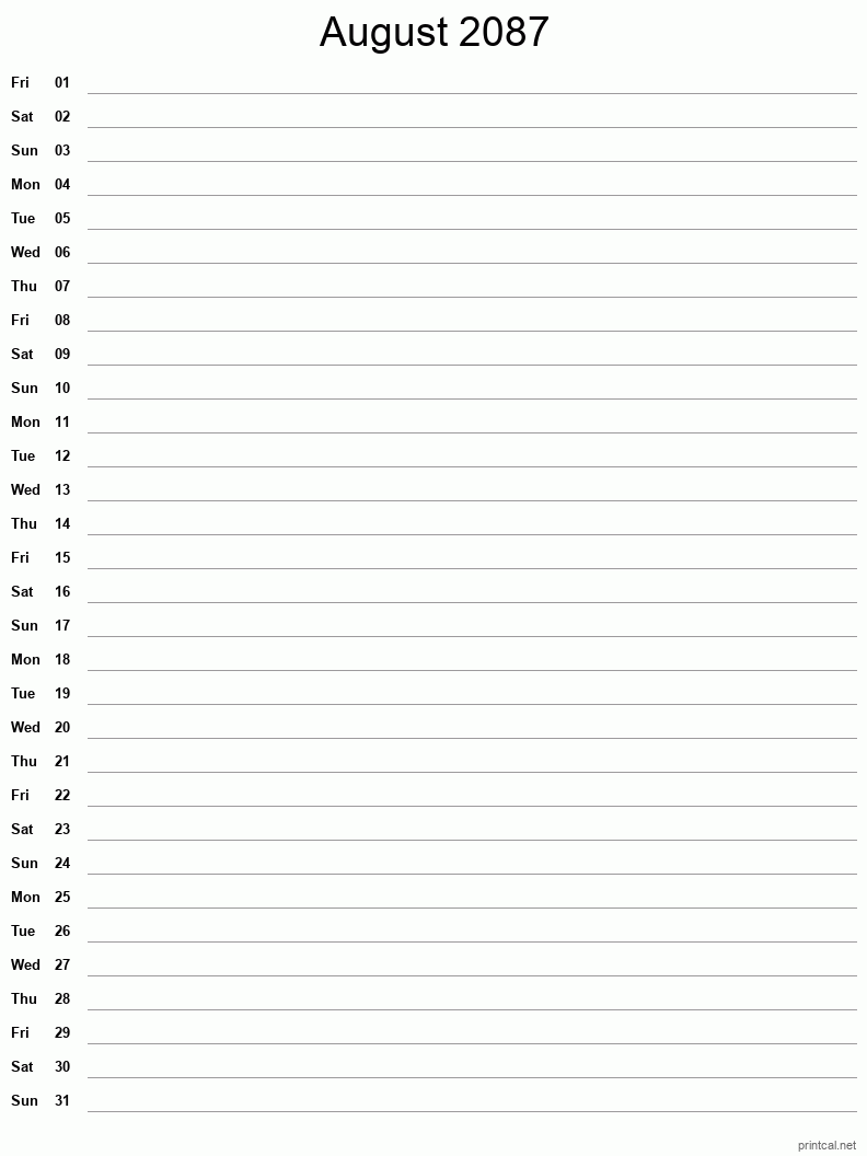 August 2087 Printable Calendar - Single Column Notesheet