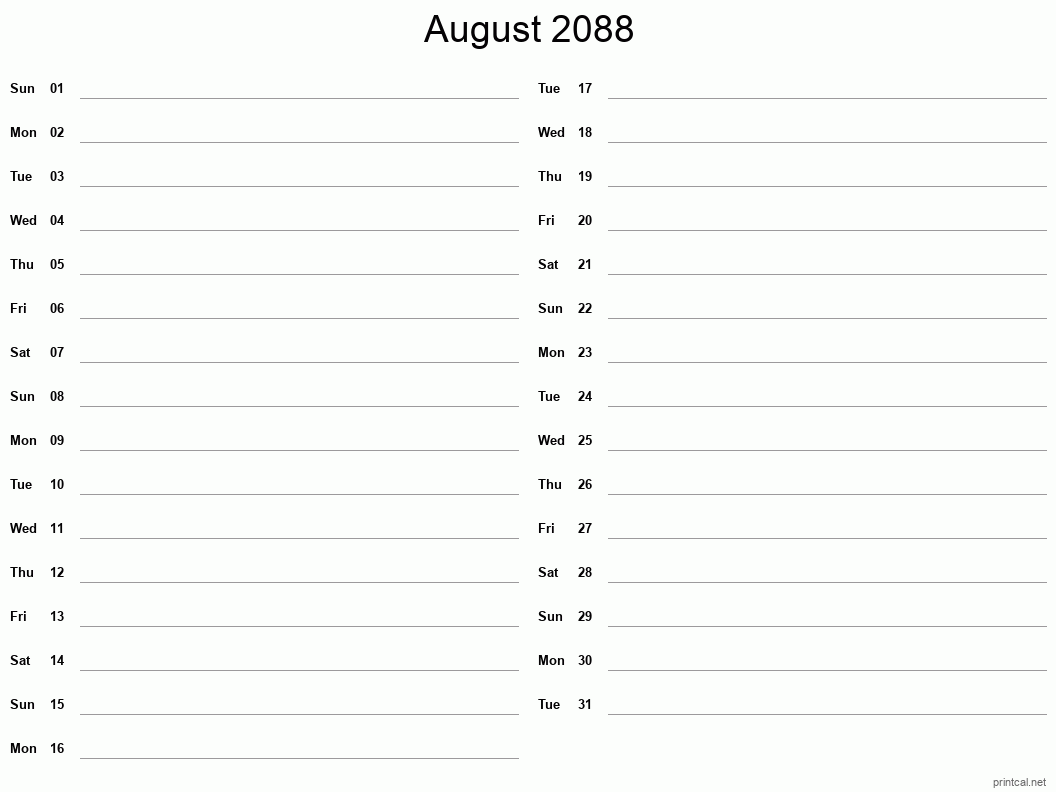 August 2088 Printable Calendar - Two Column Notesheet