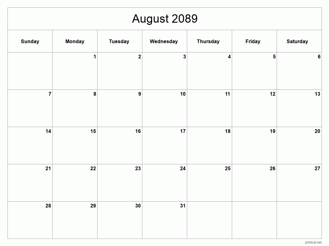 August 2089 Printable Calendar - Classic Blank Sheet