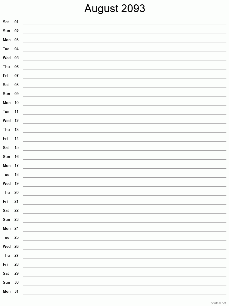 August 2093 Printable Calendar - Single Column Notesheet