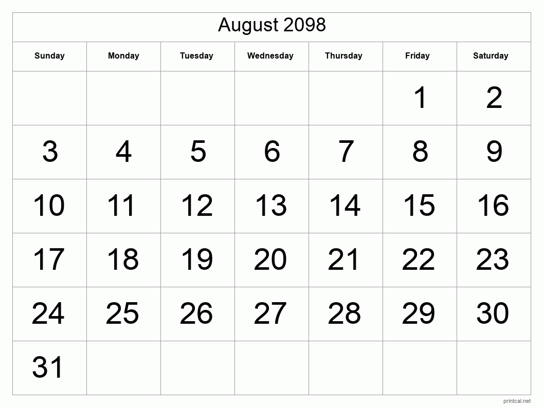 August 2098 Printable Calendar - Big Dates