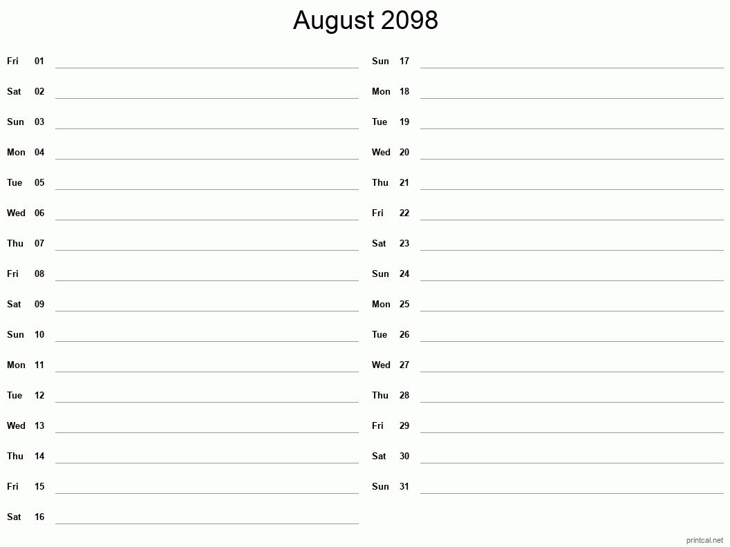 August 2098 Printable Calendar - Two Column Notesheet