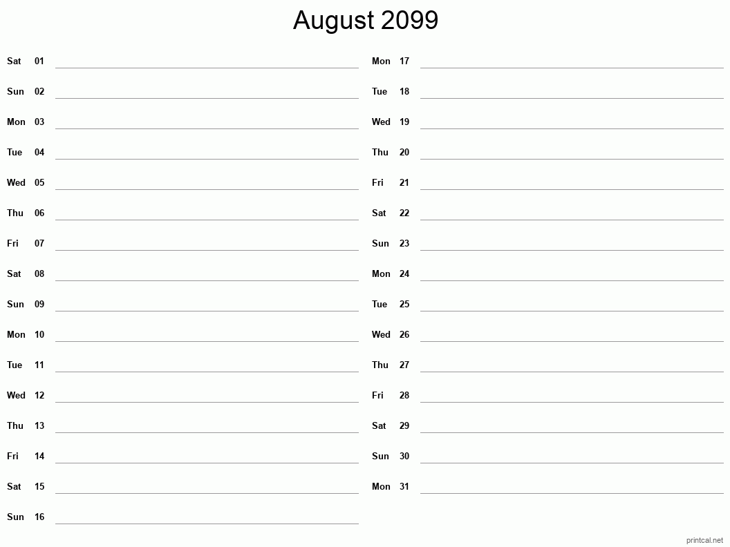 August 2099 Printable Calendar - Two Column Notesheet