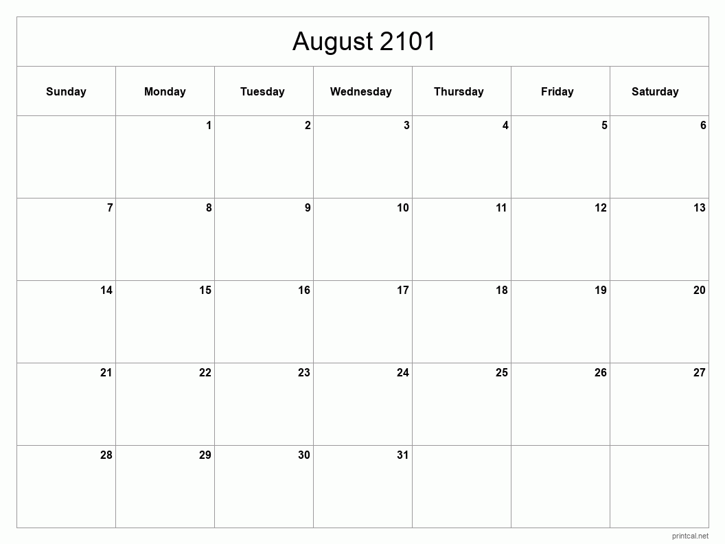 August 2101 Printable Calendar - Classic Blank Sheet