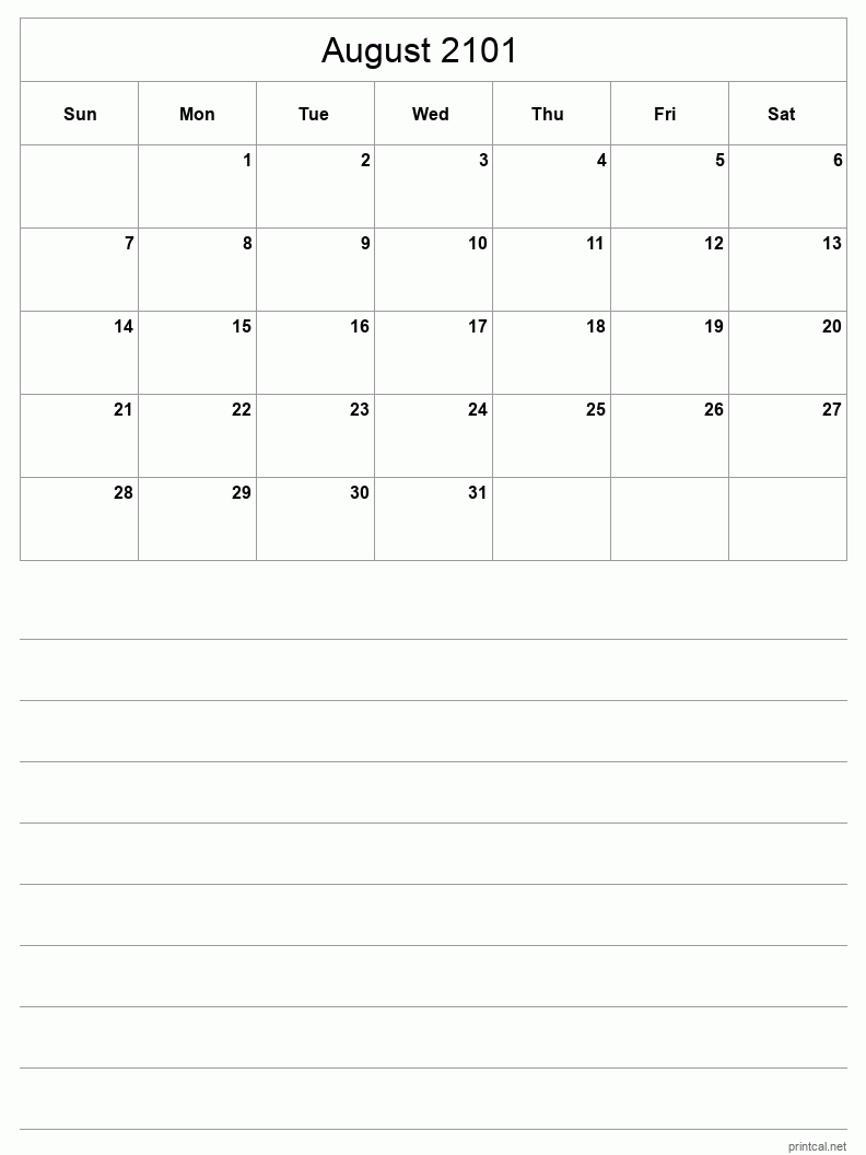 August 2101 Printable Calendar - Half-Page With Notesheet