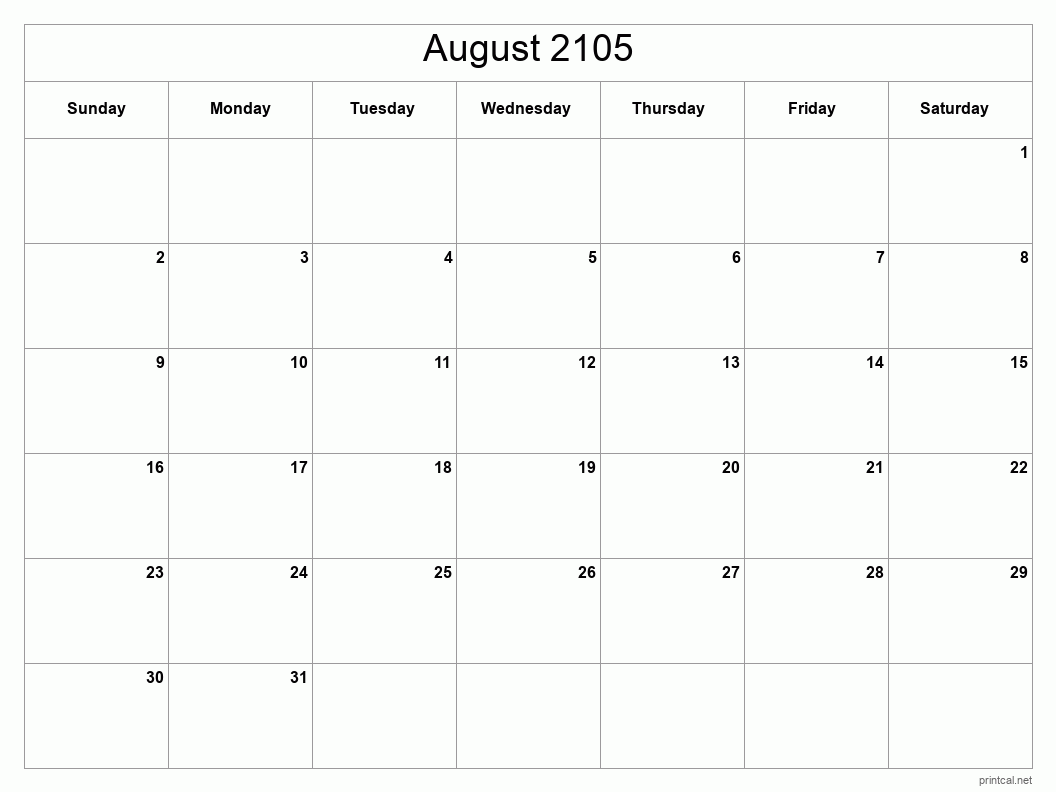 August 2105 Printable Calendar - Classic Blank Sheet