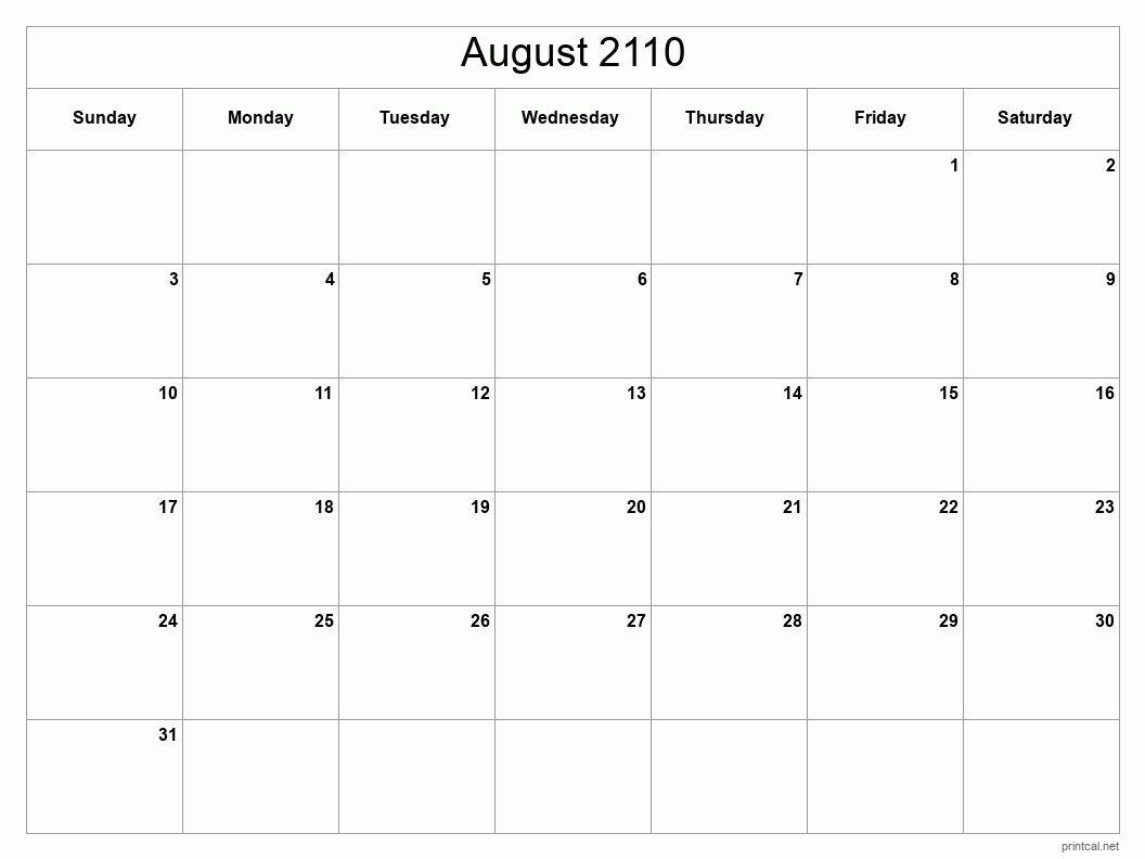 August 2110 Printable Calendar - Classic Blank Sheet