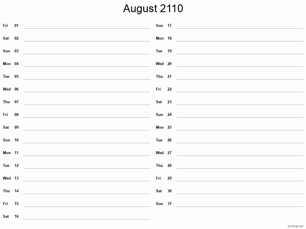 August 2110 Printable Calendar - Two Column Notesheet