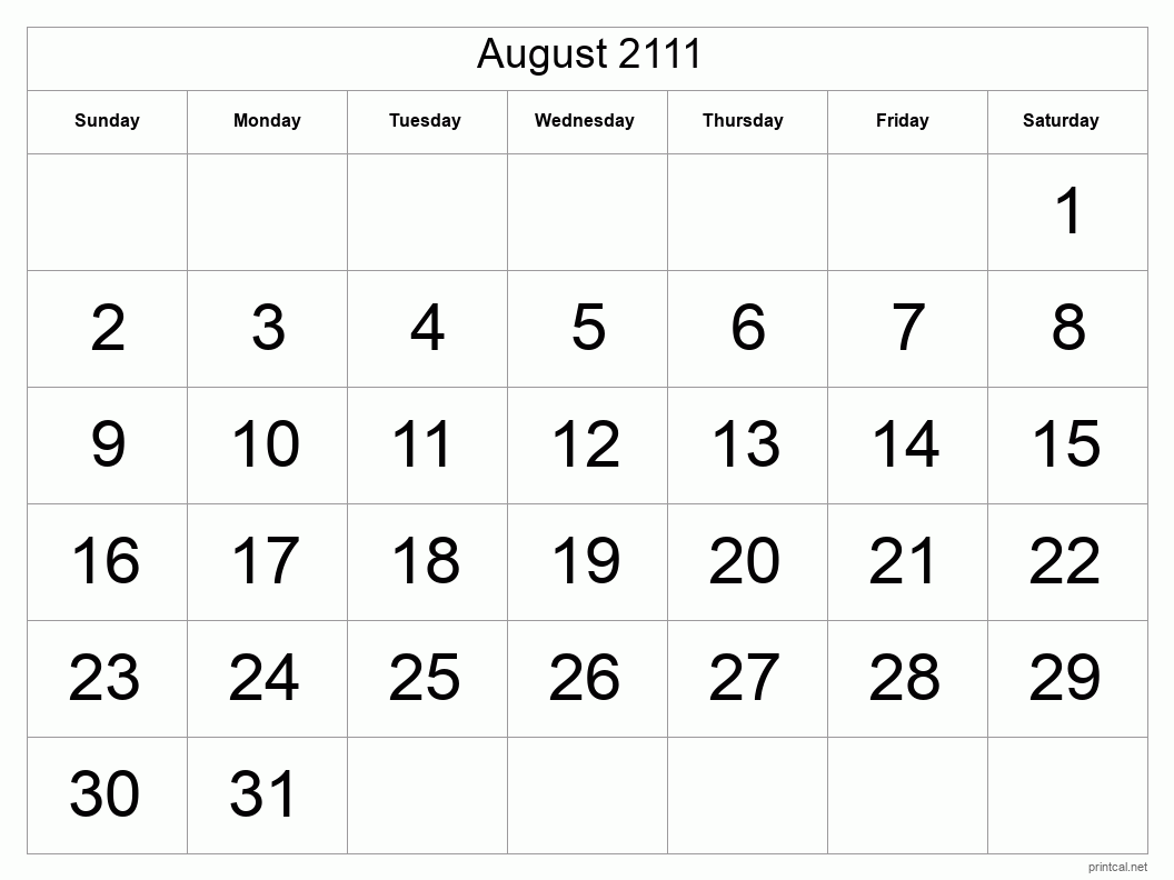 August 2111 Printable Calendar - Big Dates