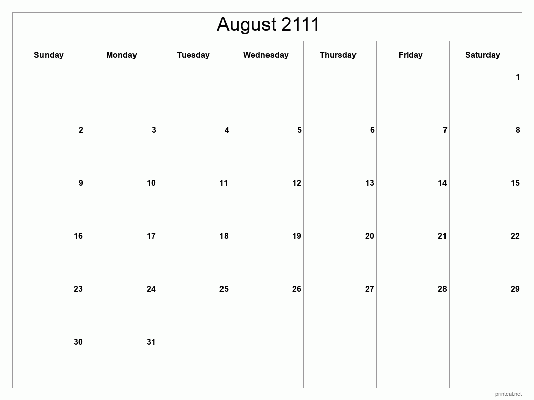 August 2111 Printable Calendar - Classic Blank Sheet