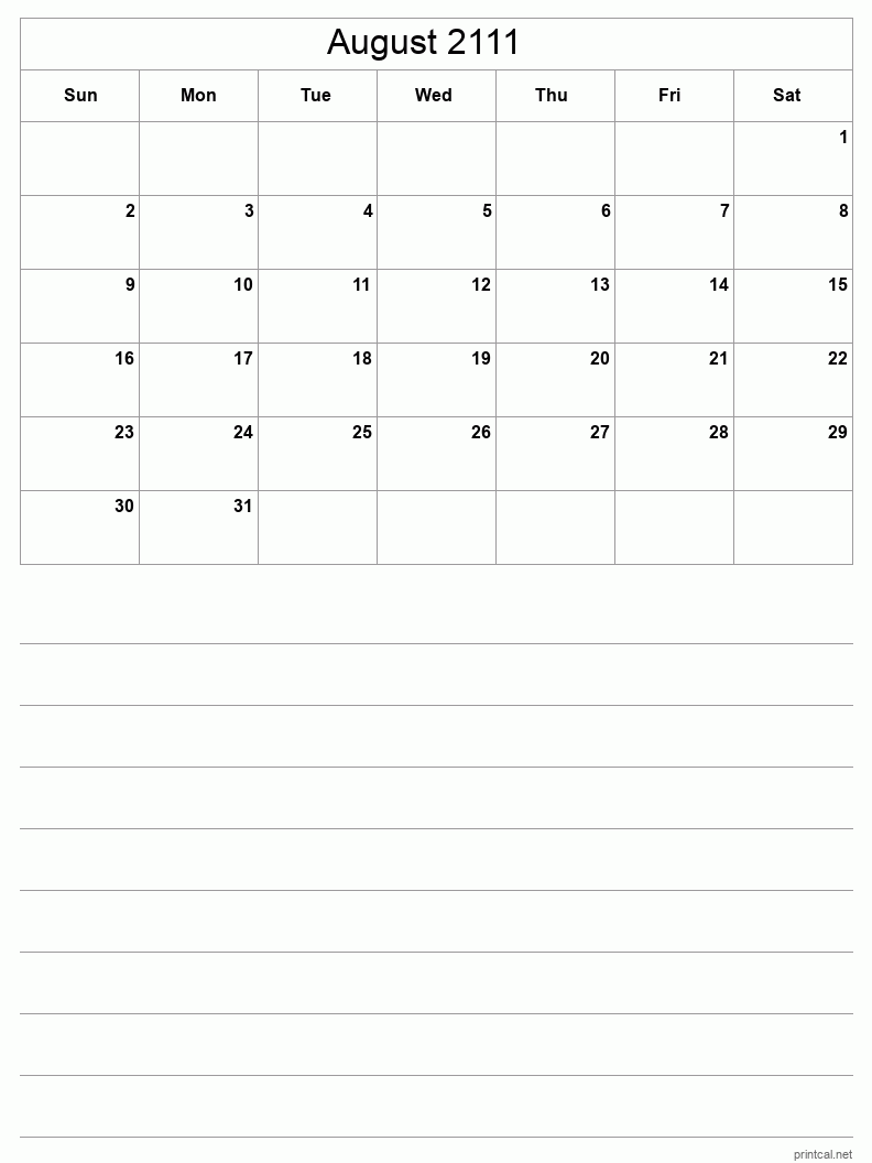 August 2111 Printable Calendar - Half-Page With Notesheet