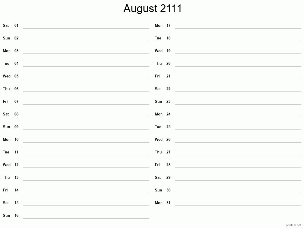 August 2111 Printable Calendar - Two Column Notesheet