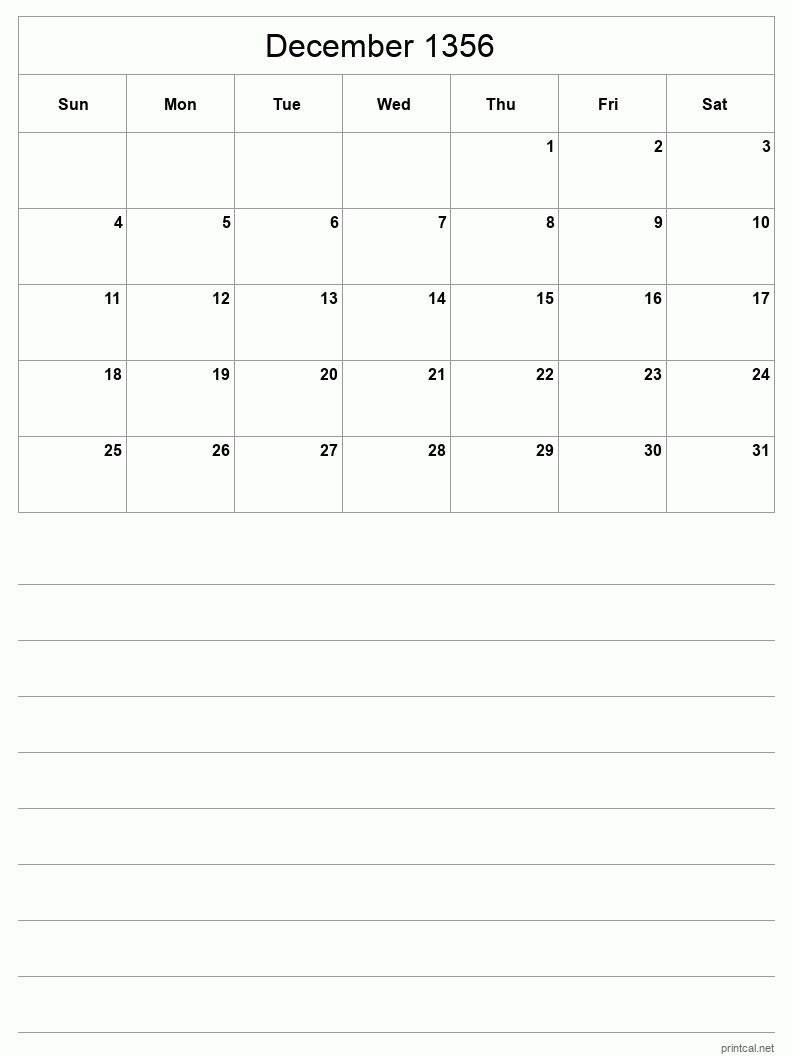December 1356 Printable Calendar - Half-Page With Notesheet