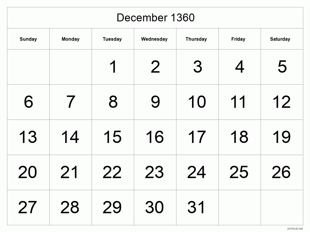 December 1360 Printable Calendar - Big Dates