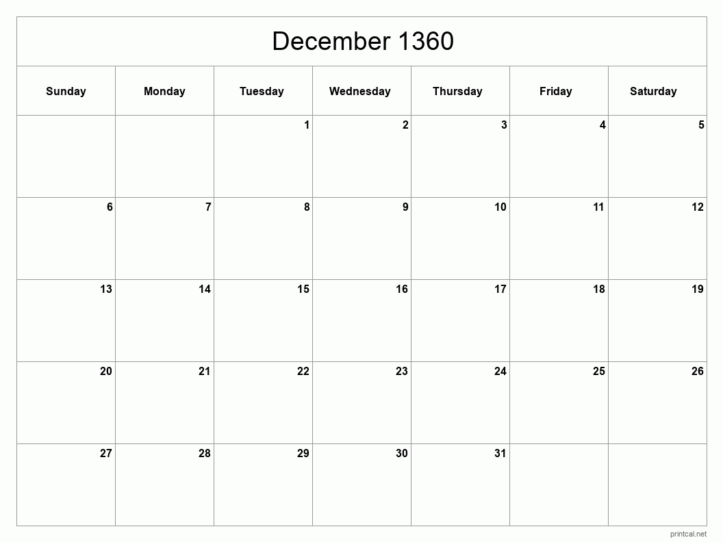 December 1360 Printable Calendar - Classic Blank Sheet