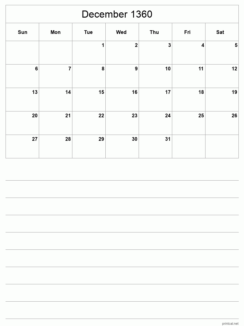 December 1360 Printable Calendar - Half-Page With Notesheet