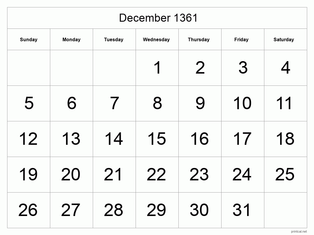 December 1361 Printable Calendar - Big Dates