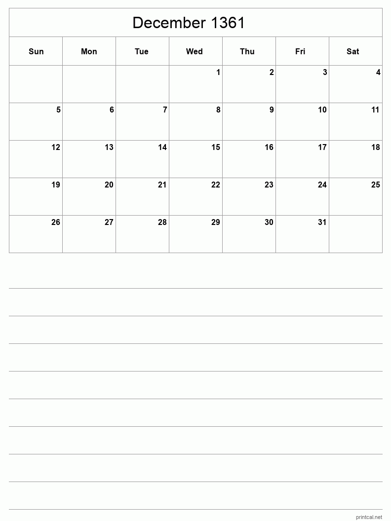 December 1361 Printable Calendar - Half-Page With Notesheet