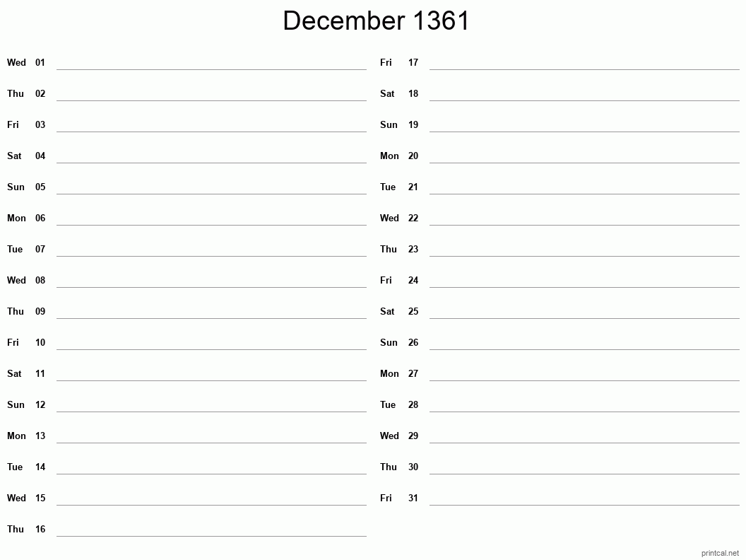 December 1361 Printable Calendar - Two Column Notesheet