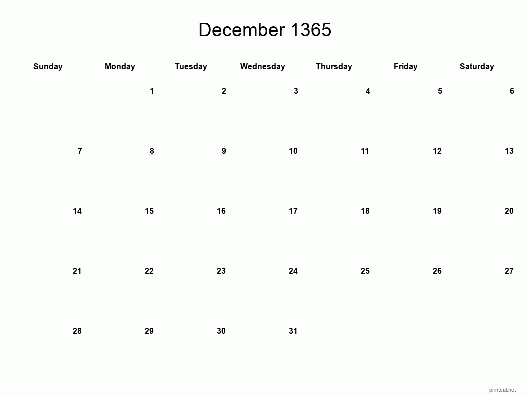 December 1365 Printable Calendar - Classic Blank Sheet