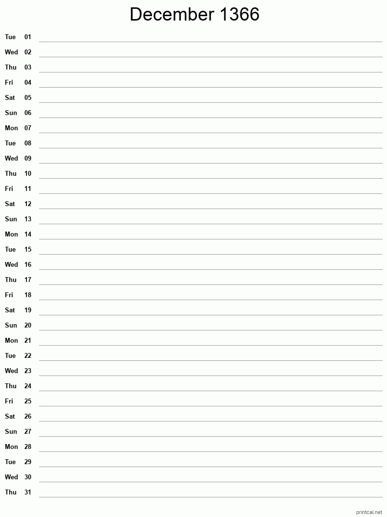 December 1366 Printable Calendar - Single Column Notesheet