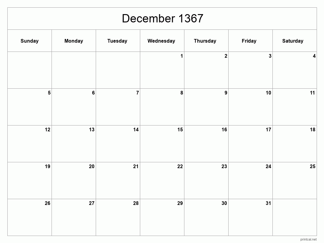December 1367 Printable Calendar - Classic Blank Sheet