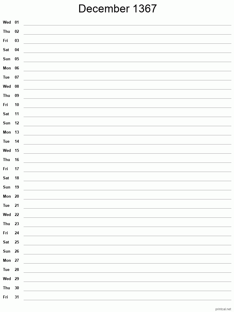 December 1367 Printable Calendar - Single Column Notesheet