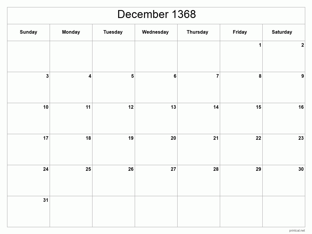 December 1368 Printable Calendar - Classic Blank Sheet